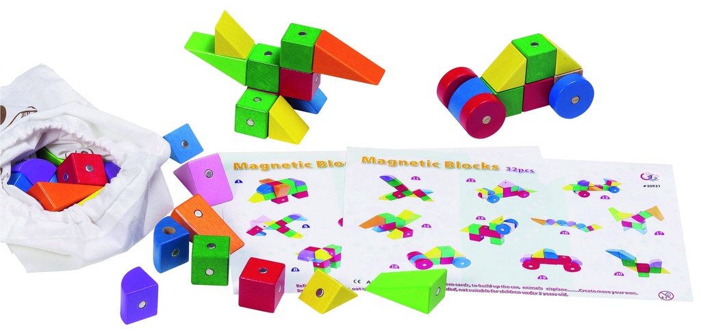MAGNETIC WOODEN BLOCKS 34PCS MULTI COLOUR